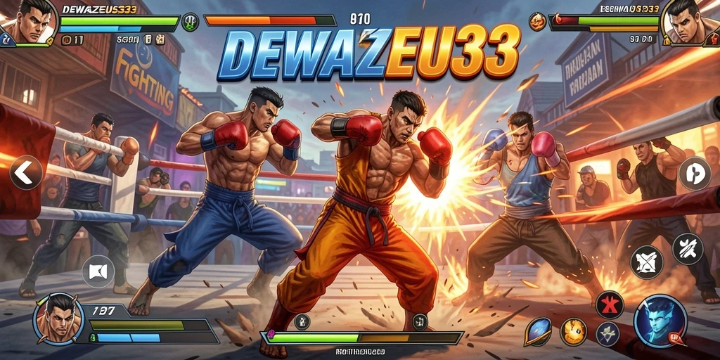 Tampilan gameplay seru dalam DEWAZEUS33 saat karakter bertarung.