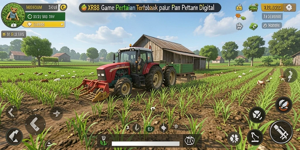 Screenshot gameplay XR88 menampilkan ladang hijau yang subur dan aktivitas bertani menyenangkan.